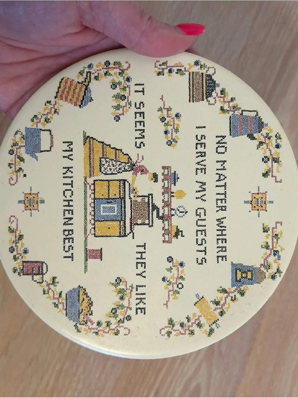 Vintage Cream Kitchen Cross-Stitch Wall Plaque with Multicolor Accents